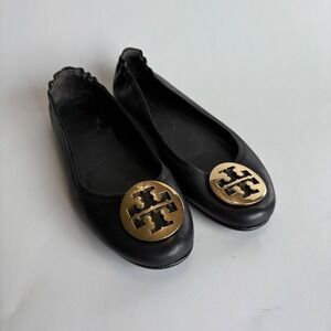 Tory Burch Claire Ballet Flats Women's 8M‎ Black Leather Gold Logo Medallion